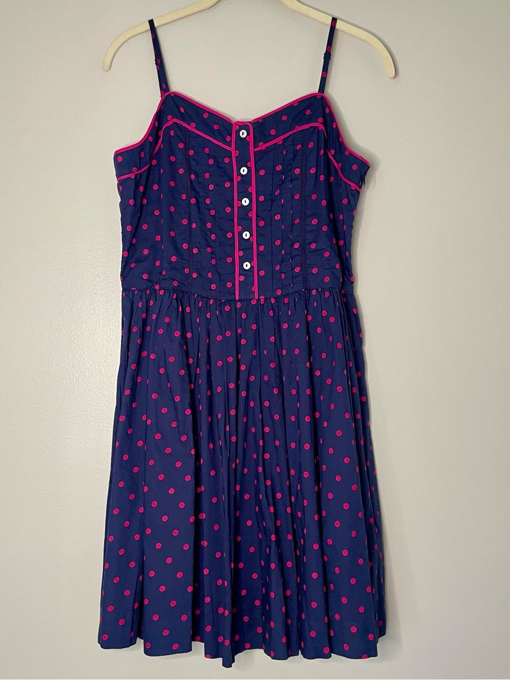 Johnnie B by Boden Pink Polka Dot Print Navy Blue Cotton Dress NWT